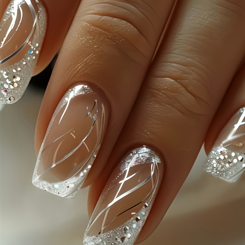 A Box Of 24pcs Of Press-on French-style Shiny Silvery Glitter Elegant False Nails With Simple And Elegant Lines, Suitable For Women And Girls For Dating And Daily Wear. The Advanced Glossy Surface Can Be Detached, And The Set